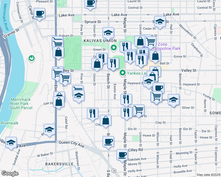 map of restaurants, bars, coffee shops, grocery stores, and more near 194 Beech Street in Manchester