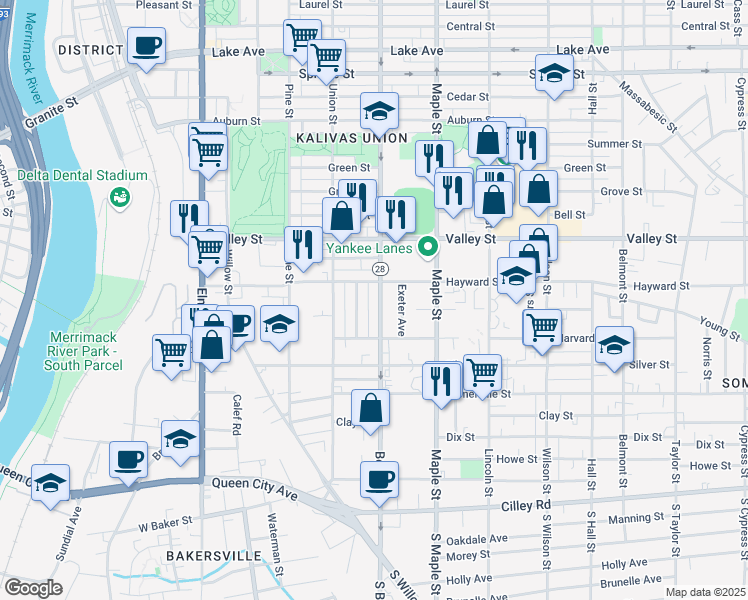 map of restaurants, bars, coffee shops, grocery stores, and more near 194 Beech Street in Manchester