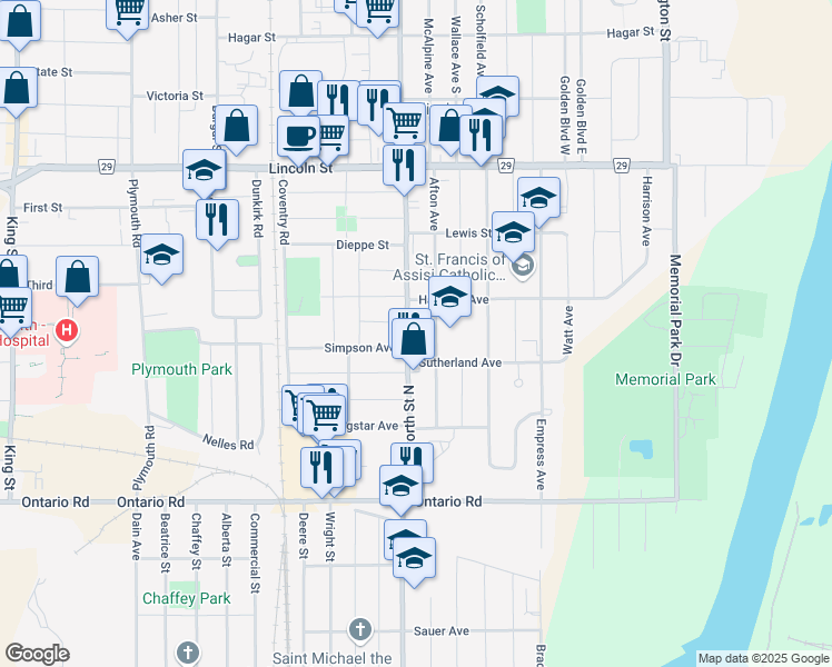 map of restaurants, bars, coffee shops, grocery stores, and more near in Welland