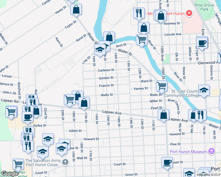 map of restaurants, bars, coffee shops, grocery stores, and more near 408 15th Street in Port Huron