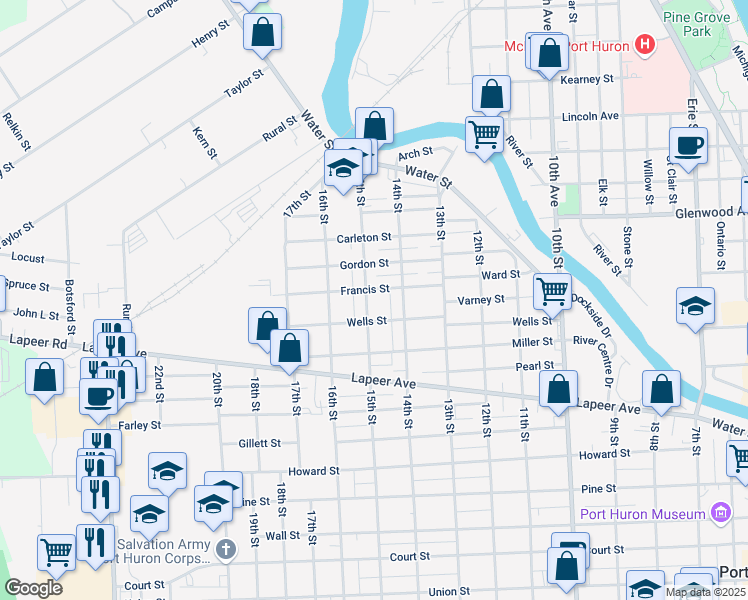 map of restaurants, bars, coffee shops, grocery stores, and more near 408 15th Street in Port Huron