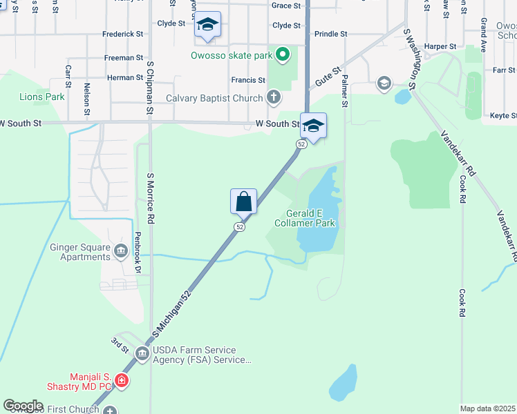 map of restaurants, bars, coffee shops, grocery stores, and more near 1465 Michigan 52 in Owosso