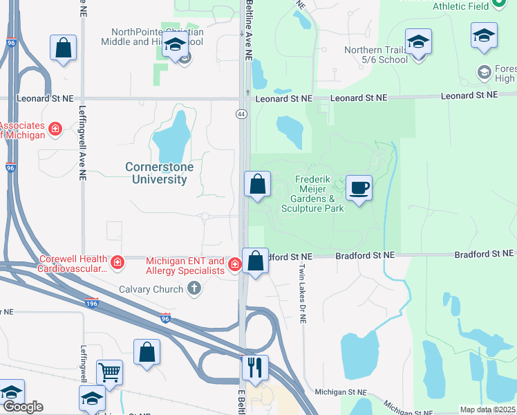 map of restaurants, bars, coffee shops, grocery stores, and more near 1000 East Beltline Avenue Northeast in Grand Rapids