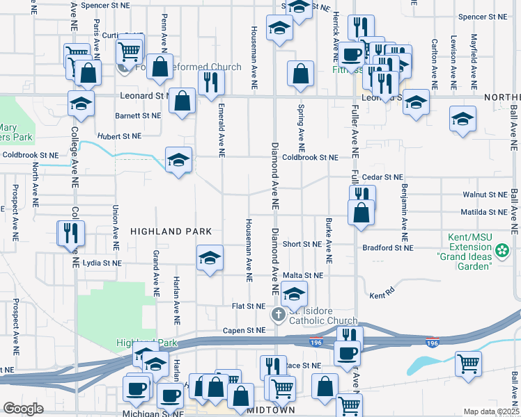 map of restaurants, bars, coffee shops, grocery stores, and more near 919 Maybelle Street Northeast in Grand Rapids