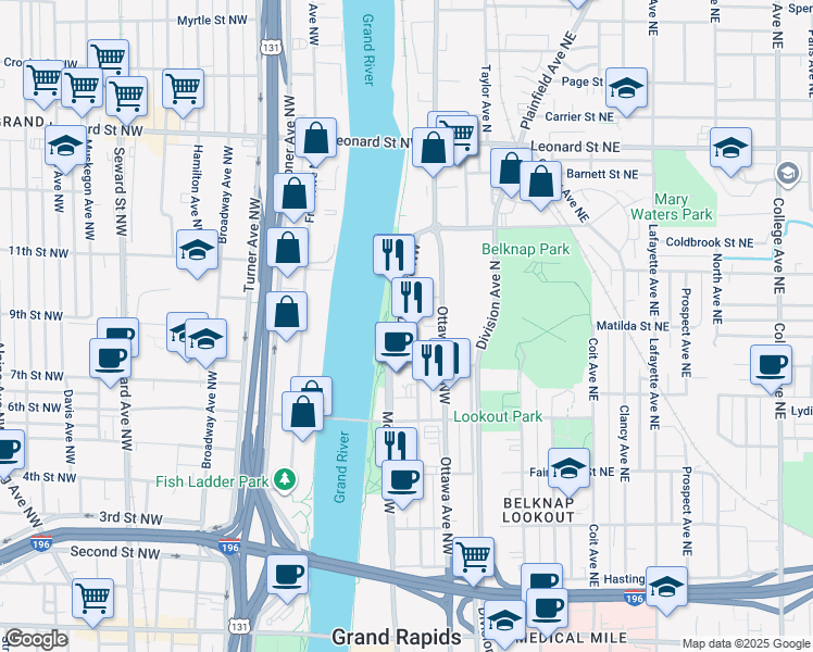 map of restaurants, bars, coffee shops, grocery stores, and more near 905 Monroe Avenue Northwest in Grand Rapids