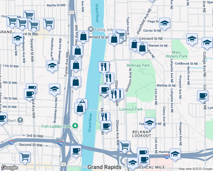 map of restaurants, bars, coffee shops, grocery stores, and more near 905 Monroe Avenue Northwest in Grand Rapids