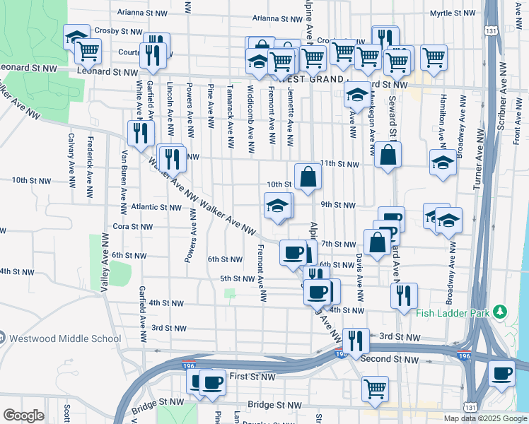map of restaurants, bars, coffee shops, grocery stores, and more near 866 9th Street Northwest in Grand Rapids