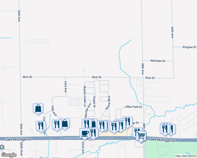 map of restaurants, bars, coffee shops, grocery stores, and more near 5115 Snow Mass Lane in Allendale