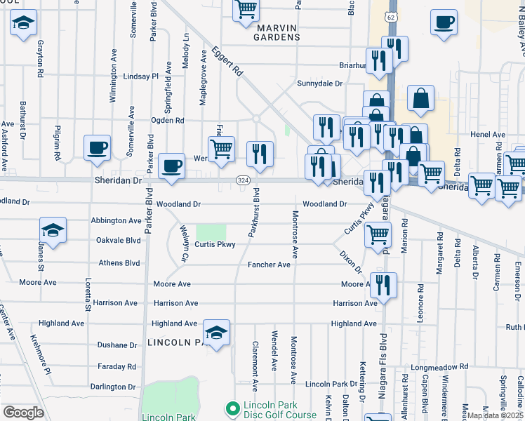 map of restaurants, bars, coffee shops, grocery stores, and more near 753 Parkhurst Boulevard in Buffalo