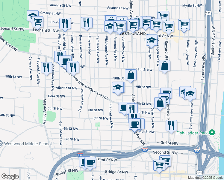 map of restaurants, bars, coffee shops, grocery stores, and more near 866 9th Street Northwest in Grand Rapids