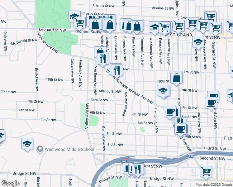 map of restaurants, bars, coffee shops, grocery stores, and more near 838 Lincoln Avenue Northwest in Grand Rapids