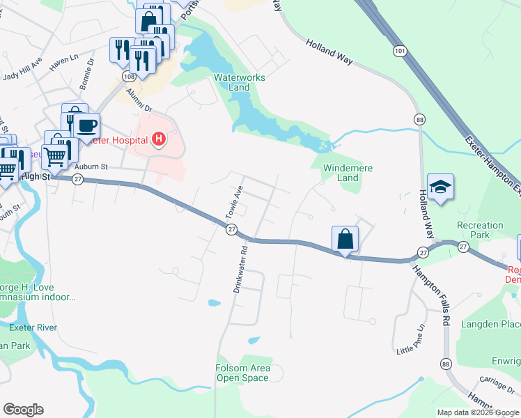 map of restaurants, bars, coffee shops, grocery stores, and more near 8 Wheelwright Avenue in Exeter