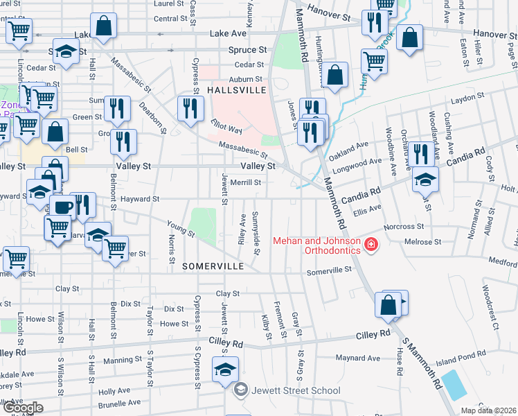 map of restaurants, bars, coffee shops, grocery stores, and more near 157 Sunnyside Street in Manchester