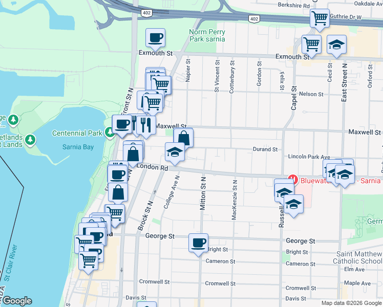 map of restaurants, bars, coffee shops, grocery stores, and more near 185 Durand Street in Sarnia