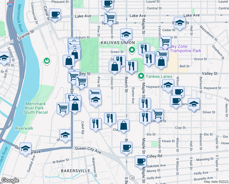map of restaurants, bars, coffee shops, grocery stores, and more near 173 Union Street in Manchester