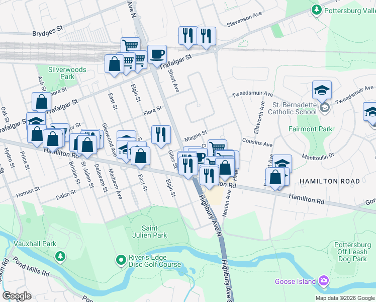 map of restaurants, bars, coffee shops, grocery stores, and more near 142 Highbury Avenue North in London