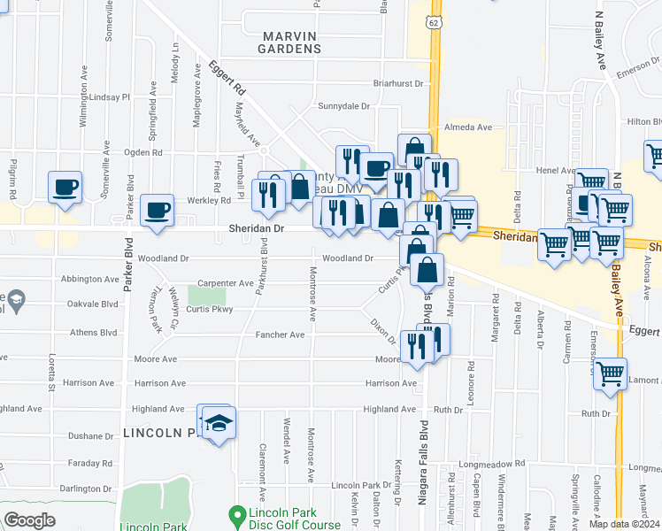 map of restaurants, bars, coffee shops, grocery stores, and more near 669 Woodland Drive in Buffalo