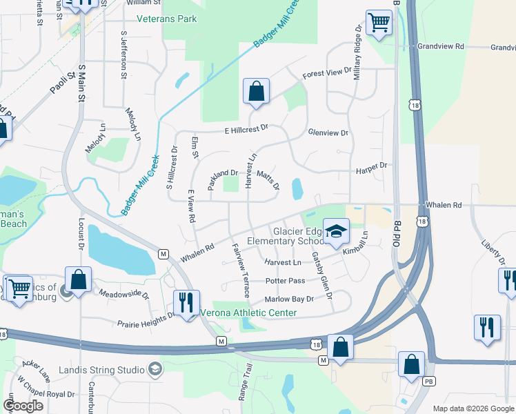 map of restaurants, bars, coffee shops, grocery stores, and more near 609 Harvest Lane in Verona