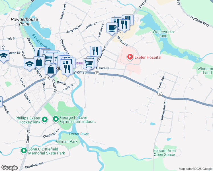 map of restaurants, bars, coffee shops, grocery stores, and more near 10 Gardner Street in Exeter