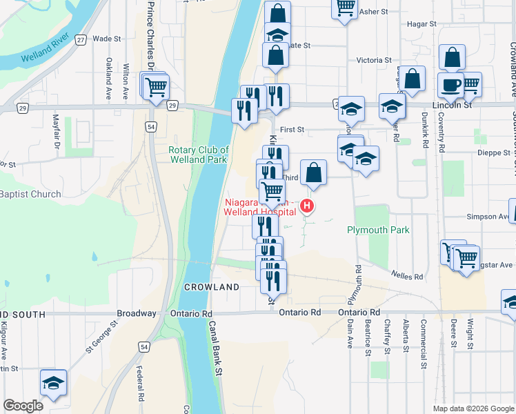 map of restaurants, bars, coffee shops, grocery stores, and more near 43 Fourth Street in Welland