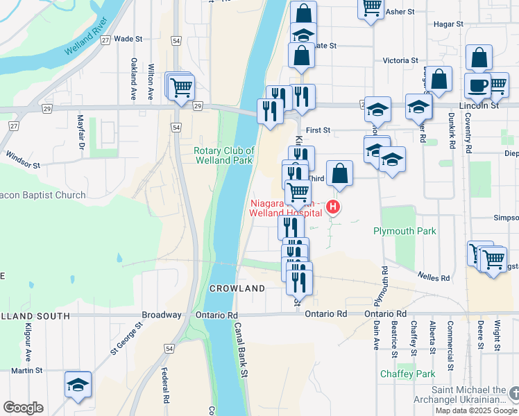 map of restaurants, bars, coffee shops, grocery stores, and more near 5 Fourth Street in Welland