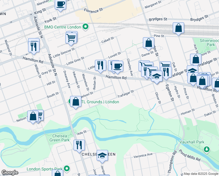 map of restaurants, bars, coffee shops, grocery stores, and more near 785 Nelson Street in London