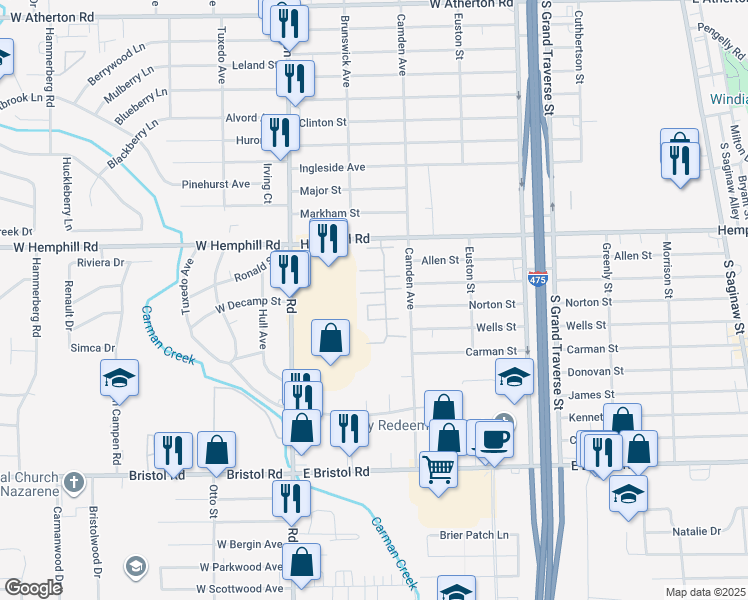 map of restaurants, bars, coffee shops, grocery stores, and more near 4013 Kings Lane in Burton