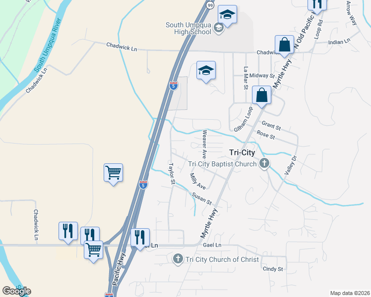 map of restaurants, bars, coffee shops, grocery stores, and more near 374 Weaver Avenue in Myrtle Creek