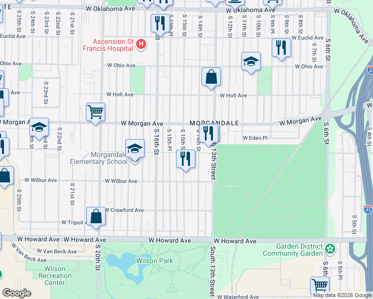 map of restaurants, bars, coffee shops, grocery stores, and more near 3572 South 15th Street in Milwaukee