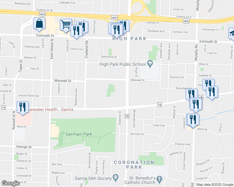 map of restaurants, bars, coffee shops, grocery stores, and more near 920 Assiniboine Crescent in Sarnia