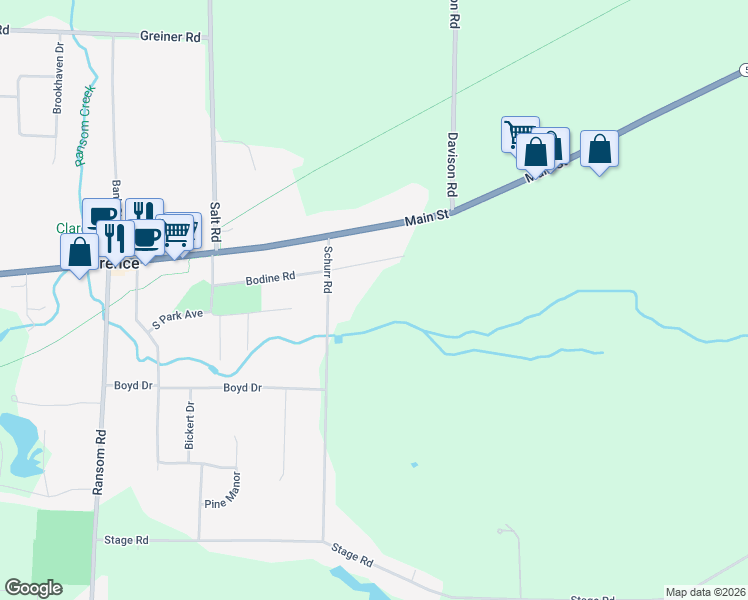 map of restaurants, bars, coffee shops, grocery stores, and more near 10935 Bodine Road in Clarence