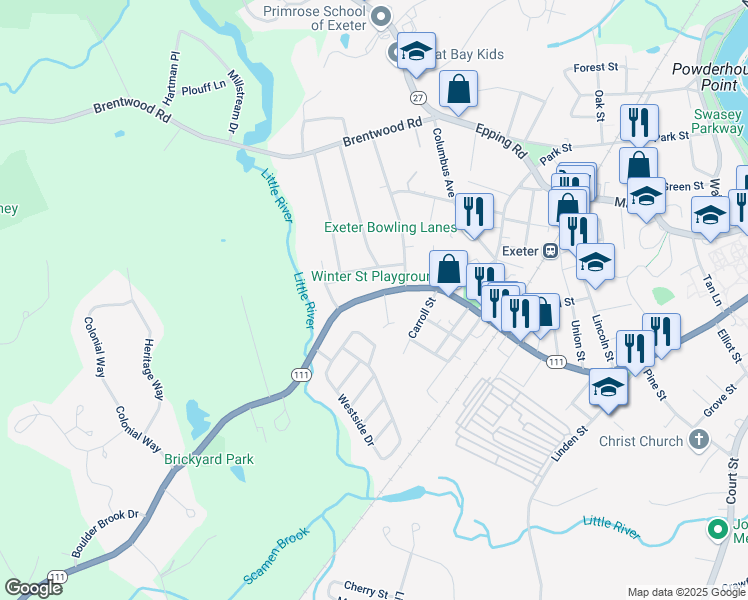 map of restaurants, bars, coffee shops, grocery stores, and more near 204 Front Street in Exeter