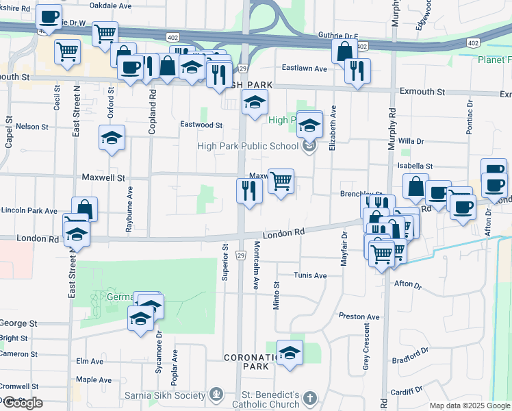 map of restaurants, bars, coffee shops, grocery stores, and more near 631 Roger Street in Sarnia