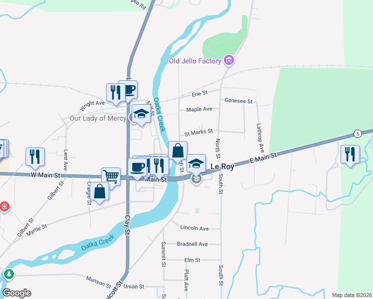 map of restaurants, bars, coffee shops, grocery stores, and more near 14 Church Street in Le Roy
