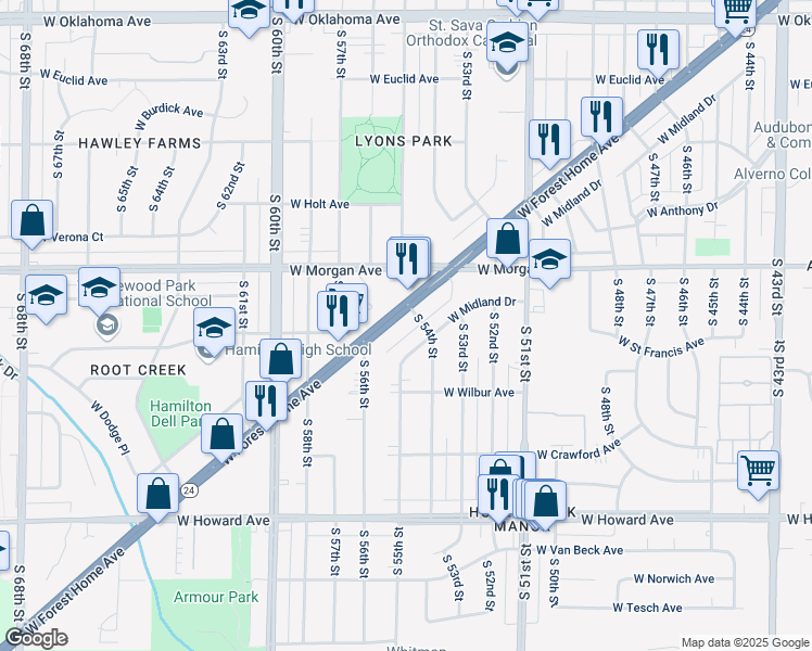 map of restaurants, bars, coffee shops, grocery stores, and more near 5415 West Forest Home Avenue in Milwaukee