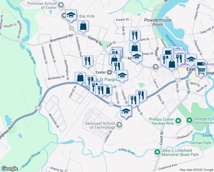 map of restaurants, bars, coffee shops, grocery stores, and more near 27 Garfield Street in Exeter