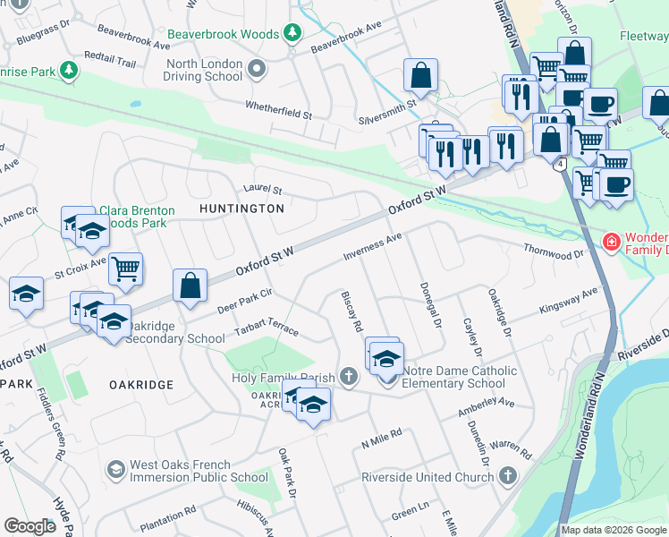 map of restaurants, bars, coffee shops, grocery stores, and more near 738 Inverness Avenue in London