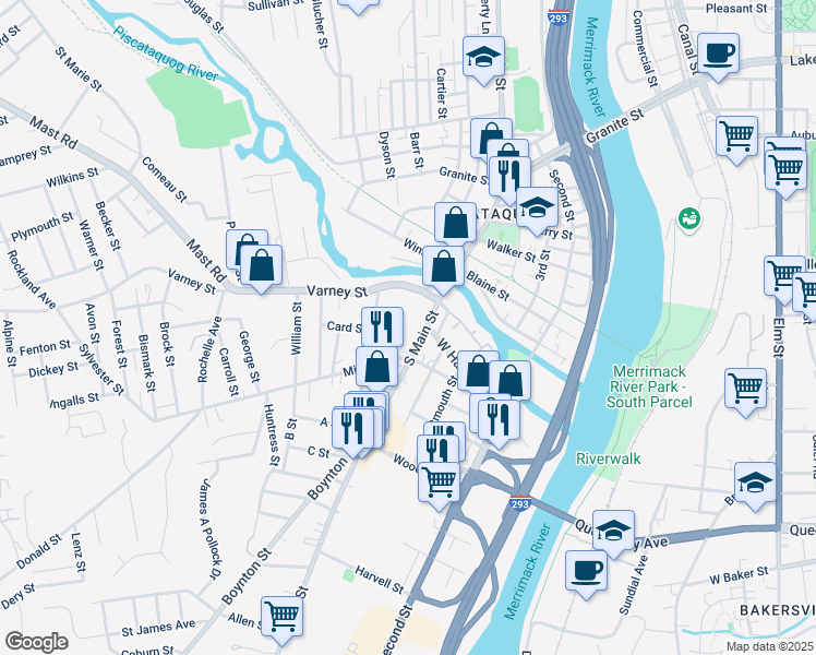 map of restaurants, bars, coffee shops, grocery stores, and more near 205 South Main Street in Manchester