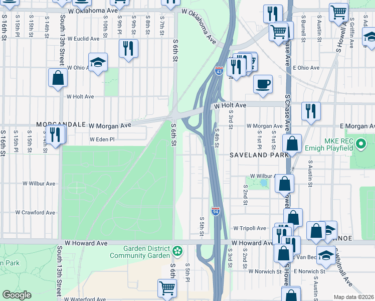 map of restaurants, bars, coffee shops, grocery stores, and more near 3569 South 5th Place in Milwaukee