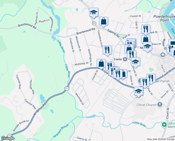 map of restaurants, bars, coffee shops, grocery stores, and more near 194 Front Street in Exeter