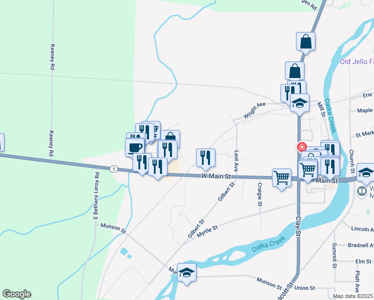 map of restaurants, bars, coffee shops, grocery stores, and more near 1 West Avenue in Le Roy