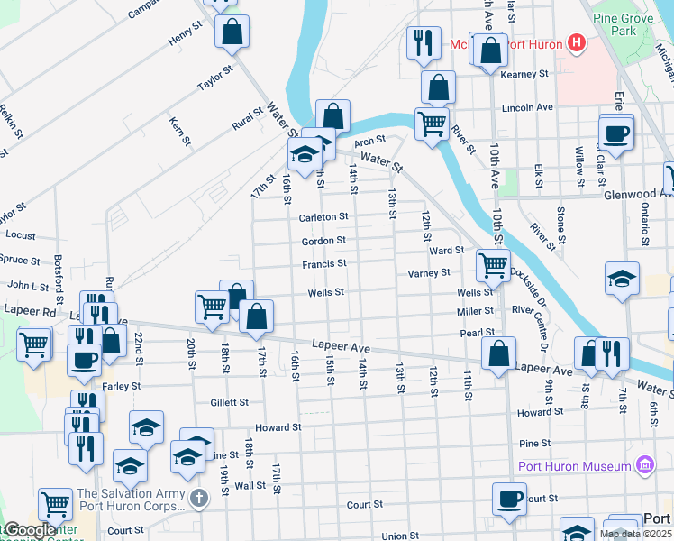 map of restaurants, bars, coffee shops, grocery stores, and more near 408 15th Street in Port Huron