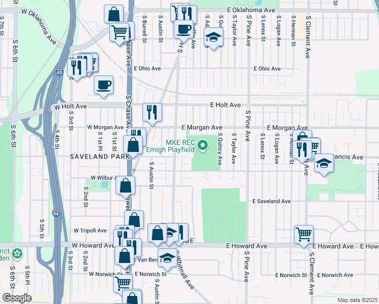 map of restaurants, bars, coffee shops, grocery stores, and more near 432 East Warnimont Avenue in Milwaukee