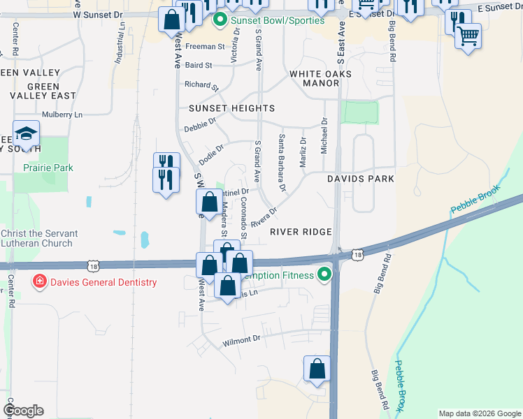 map of restaurants, bars, coffee shops, grocery stores, and more near 2020 South Grand Avenue in Waukesha