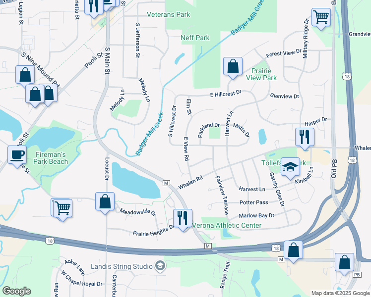 map of restaurants, bars, coffee shops, grocery stores, and more near 603 Green Meadow Drive in Verona