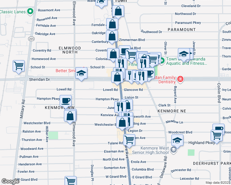 map of restaurants, bars, coffee shops, grocery stores, and more near 18 Lowell Road in Buffalo
