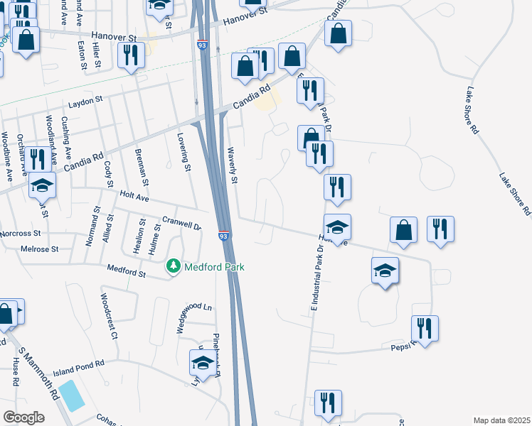 map of restaurants, bars, coffee shops, grocery stores, and more near 24 Eastwood Way in Manchester