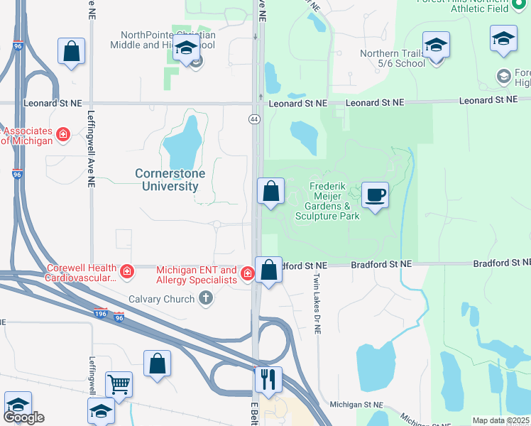 map of restaurants, bars, coffee shops, grocery stores, and more near 1000 East Beltline Avenue Northeast in Grand Rapids