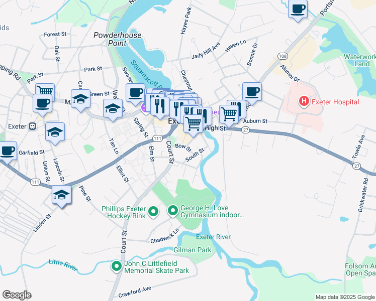 map of restaurants, bars, coffee shops, grocery stores, and more near 19 Bow Street in Exeter