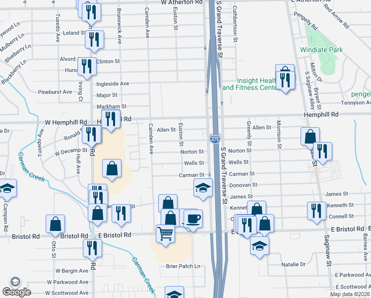 map of restaurants, bars, coffee shops, grocery stores, and more near 1219 Norton Street in Burton